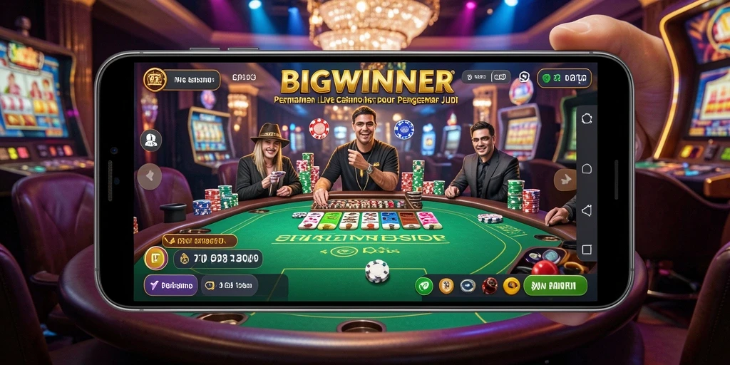 Screenshot gameplay BIGWINNER yang menampilkan dealer langsung dan interaksi pemain.
