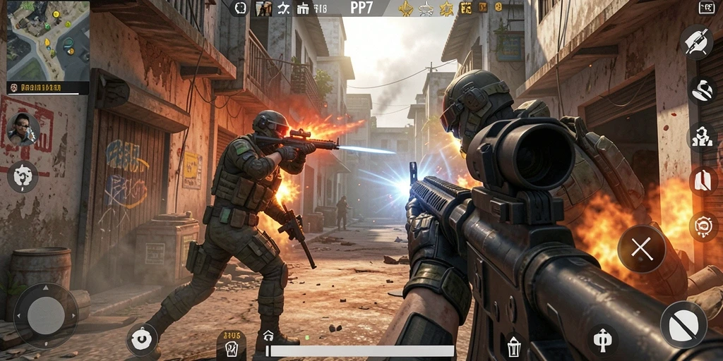 Screenshot utama PP7 yang menunjukkan aksi tembak-menembak FPS yang seru.