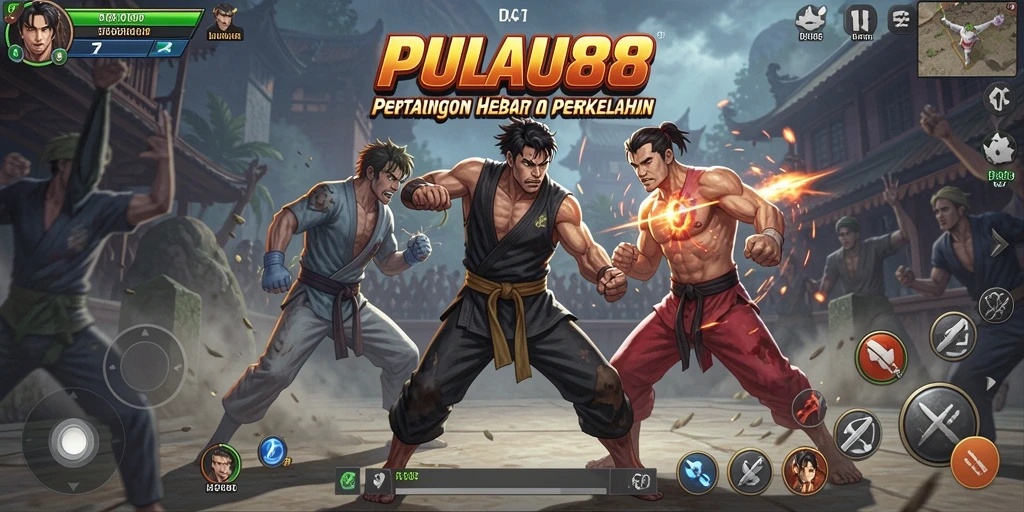 Tangkapan layar utama PULAU88 menunjukkan karakter bertarung secara epik.