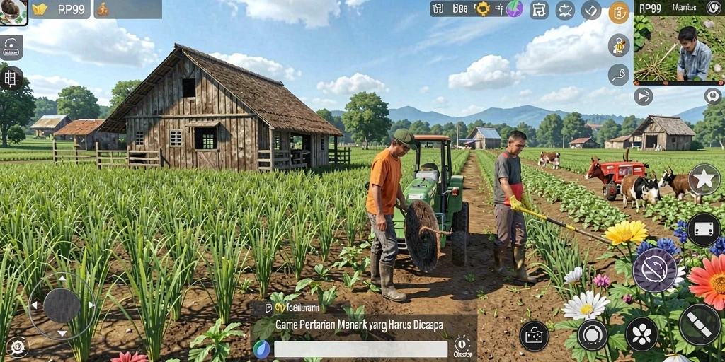 Tangkapan layar gameplay RP99 menunjukkan suasana ladang yang indah dan hewan ternak yang ceria.