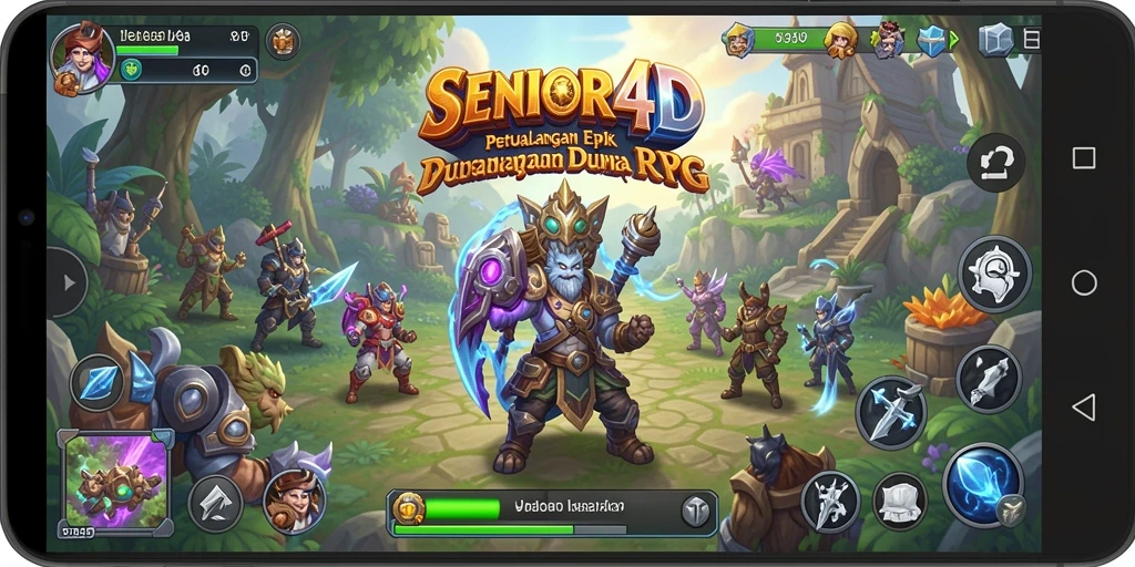 Tangkapan layar gameplay SENIOR4D menampilkan pertarungan epik dan dunia fantasi yang menawan.