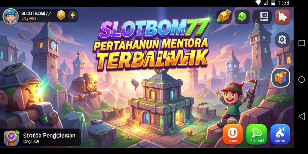 Gameplay SLOTBOM77 dengan menara yang megah dan musuh yang datang.