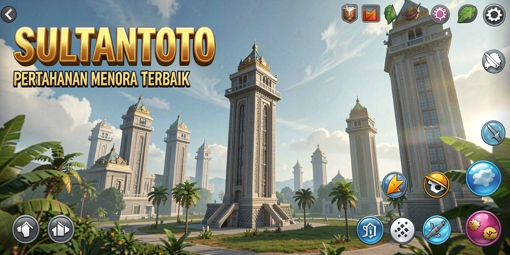 Tampilan gameplay SULTANTOTO dengan menara pertahanan yang strategis.