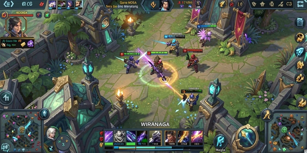 Screenshot WIRANAGA menampilkan aksi MOBA yang intens dan seru.