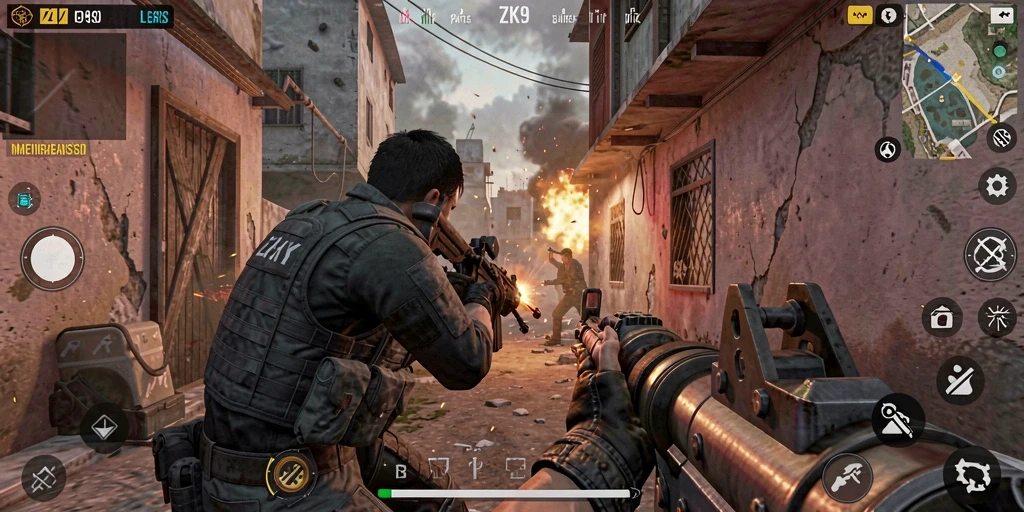 Screenshot gameplay ZK9 menampilkan aksi tembak-menembak yang intens.
