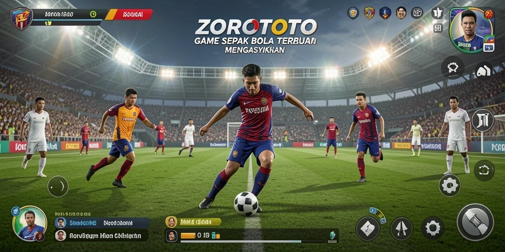 Gameplay ZOROTOTO menunjukkan aksi sepak bola yang dinamis dan mendebarkan.